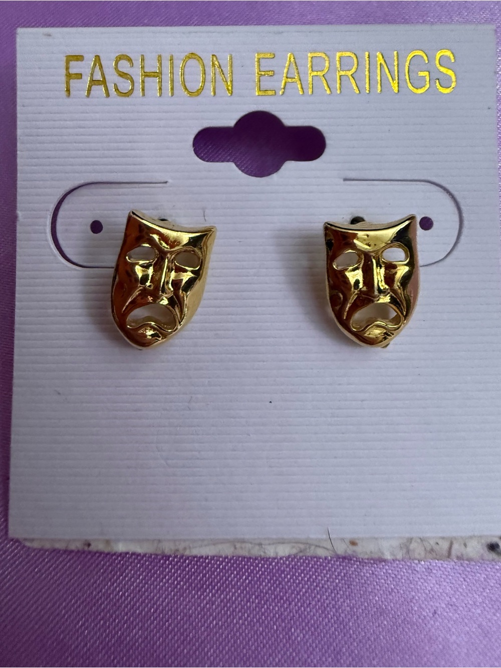 Gold Theatrical Mask Stud Earrings -